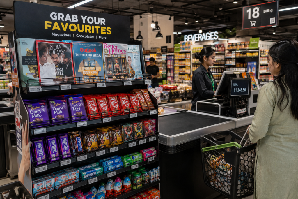 Supermarket checkout counter displaying chocolates, candies, chewing gum, and magazines to encourage impulse buying through retail marketing psychology.