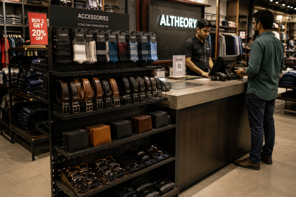 Clothing store checkout counter displaying socks, belts, wallets, and sunglasses near the billing area to encourage impulse buying through retail marketing.