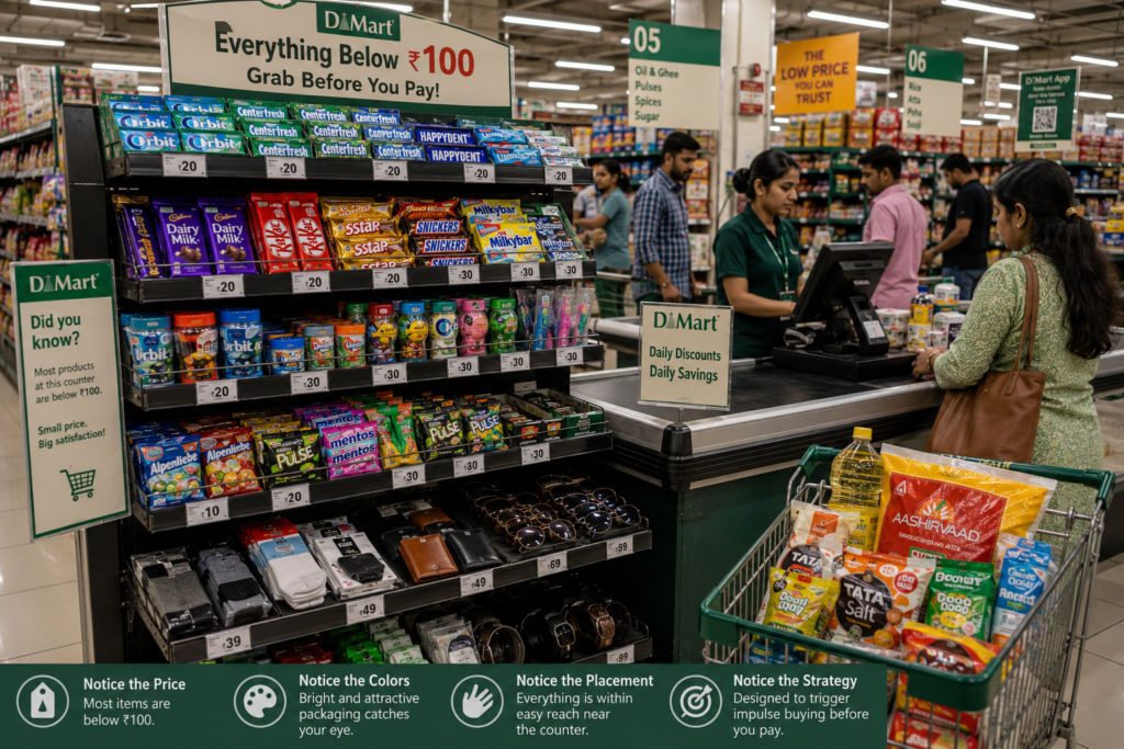 Customer observing colorful products priced under ₹100 at a supermarket checkout counter, demonstrating impulse buying and retail marketing psychology.