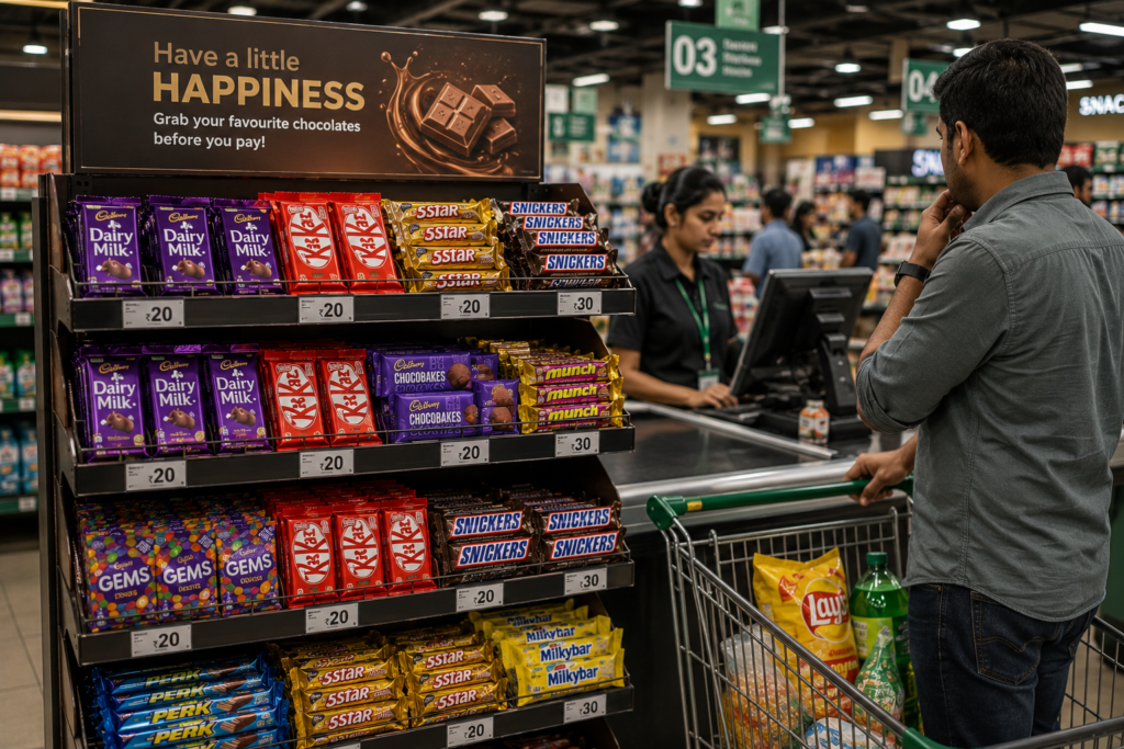 Supermarket checkout counter displaying chocolates instead of biscuits, showing how affordable treats encourage impulse buying through retail marketing and consumer psychology.
