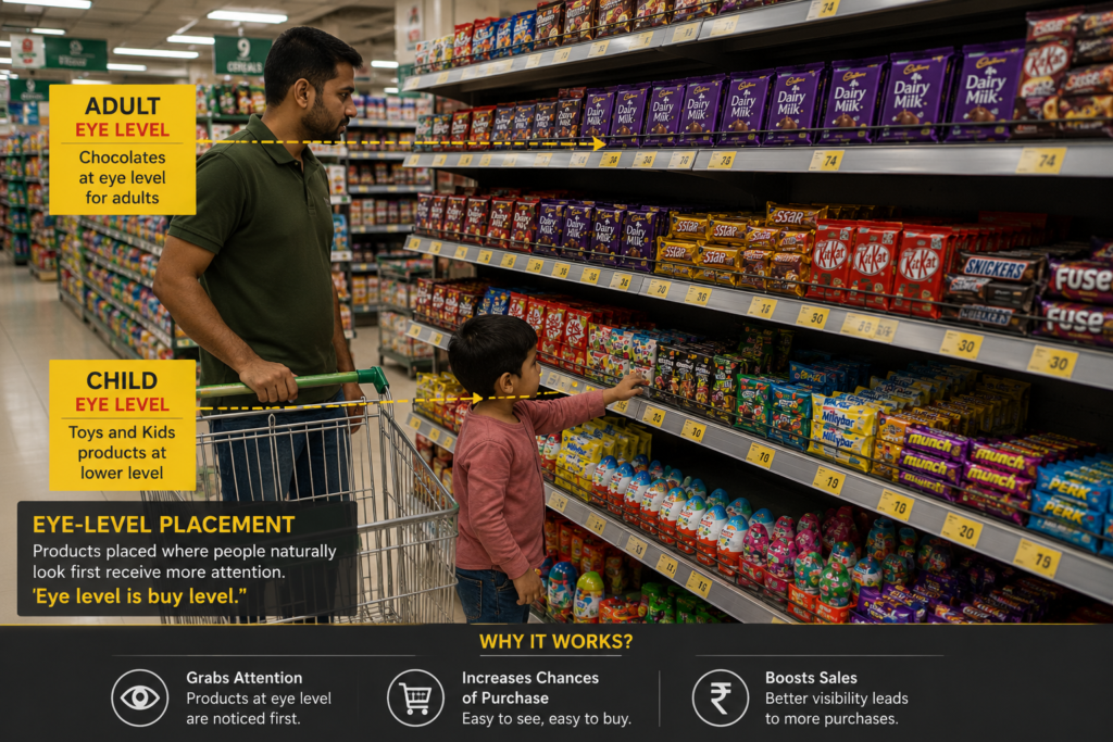 Supermarket shelves demonstrating eye-level product placement, with chocolates positioned at adult eye level and toys placed lower for children to increase product visibility and impulse purchases.