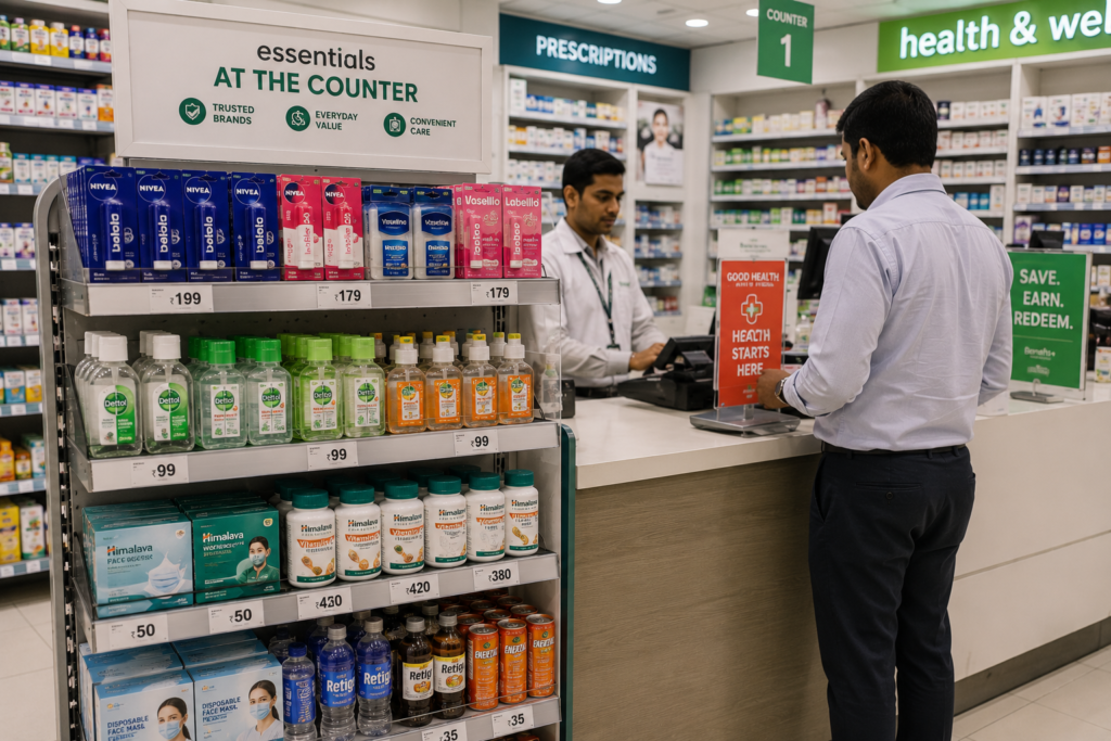 Pharmacy checkout counter displaying lip balm, hand sanitizer, vitamin tablets, face masks, and energy drinks near the billing counter to encourage impulse buying through retail marketing.