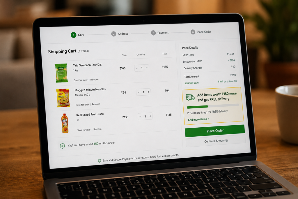 Online shopping cart showing a free delivery message encouraging customers to add more items, demonstrating the marketing psychology of loss aversion in e-commerce.