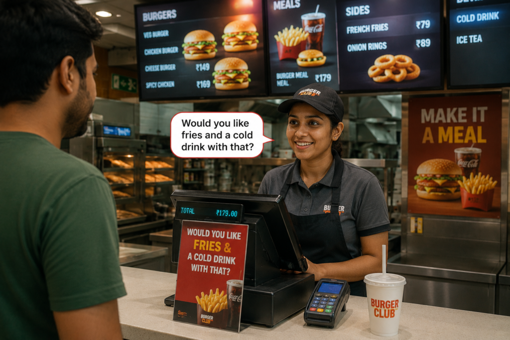 Fast-food restaurant cashier recommending fries and a cold drink with a burger order, demonstrating the cross-selling marketing strategy to increase average order value.