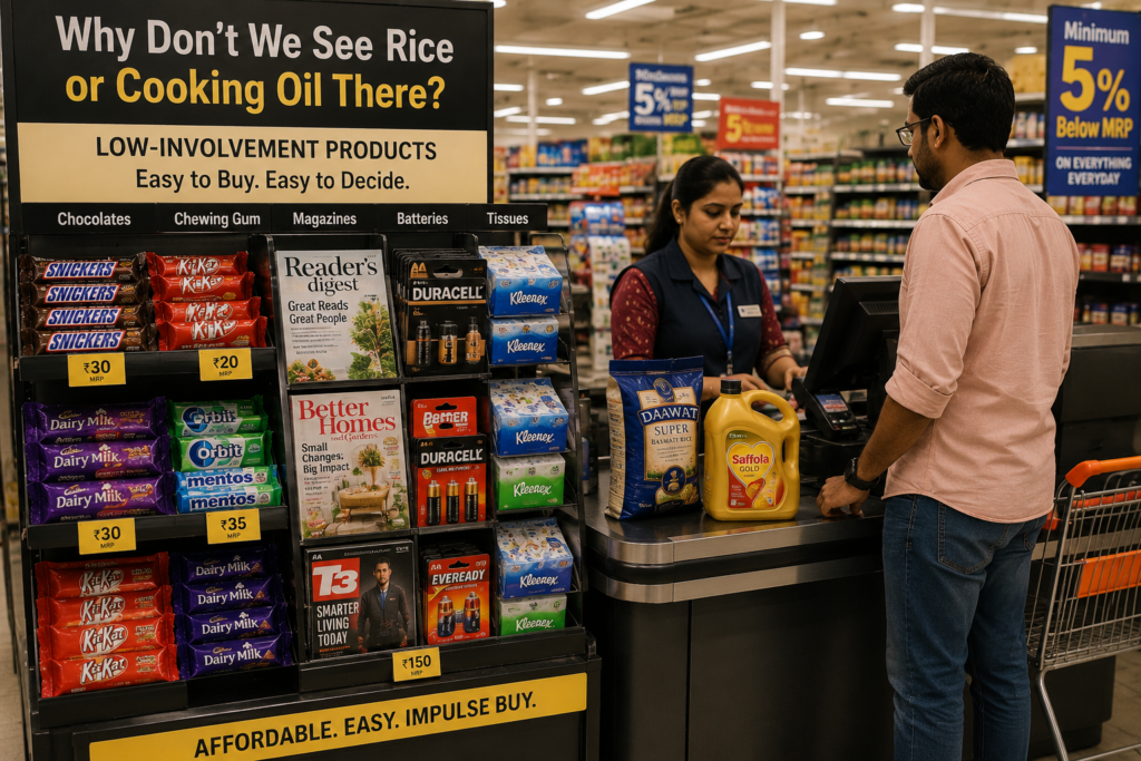 Supermarket checkout counter displaying chocolates, chewing gum, magazines, batteries, and tissues instead of rice or cooking oil, demonstrating low-involvement products and impulse buying psychology.