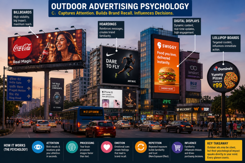 Outdoor Advertising Psychology showing billboards, hoardings, digital billboards, and lollipop boards influencing customer attention and brand recall.