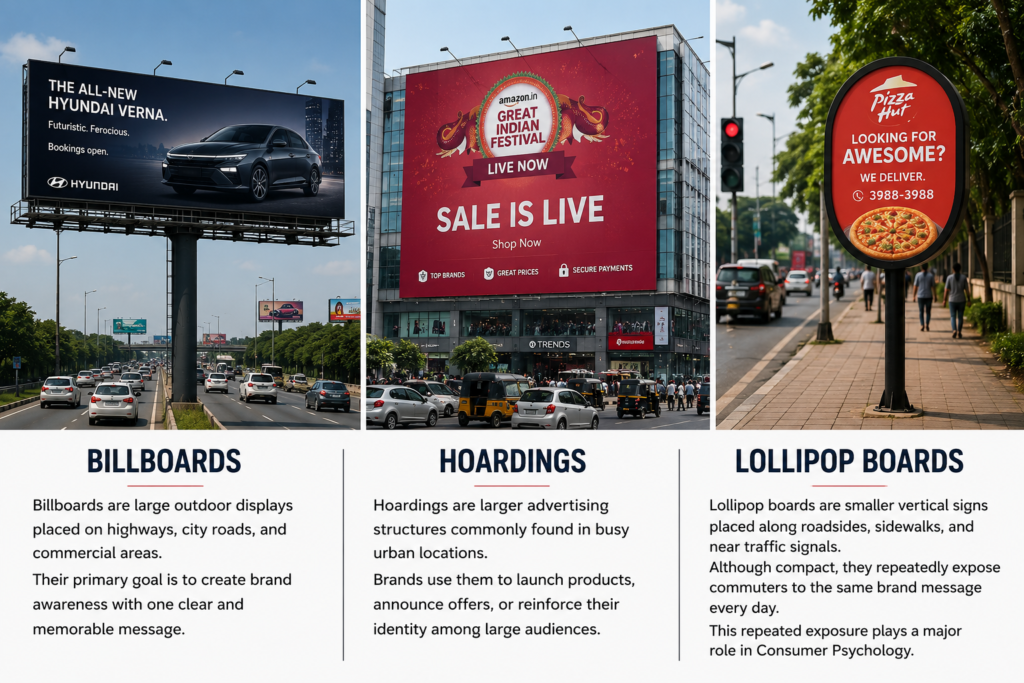 Infographic showing billboards, hoardings, and lollipop boards explaining how outdoor advertising builds brand awareness and influences consumer psychology.