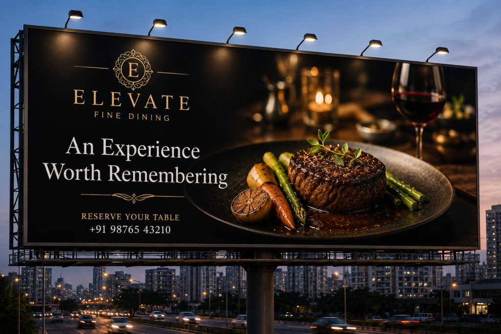 Premium restaurant billboard demonstrating Outdoor Advertising Psychology with elegant food visuals, luxury branding, and a minimalist design.