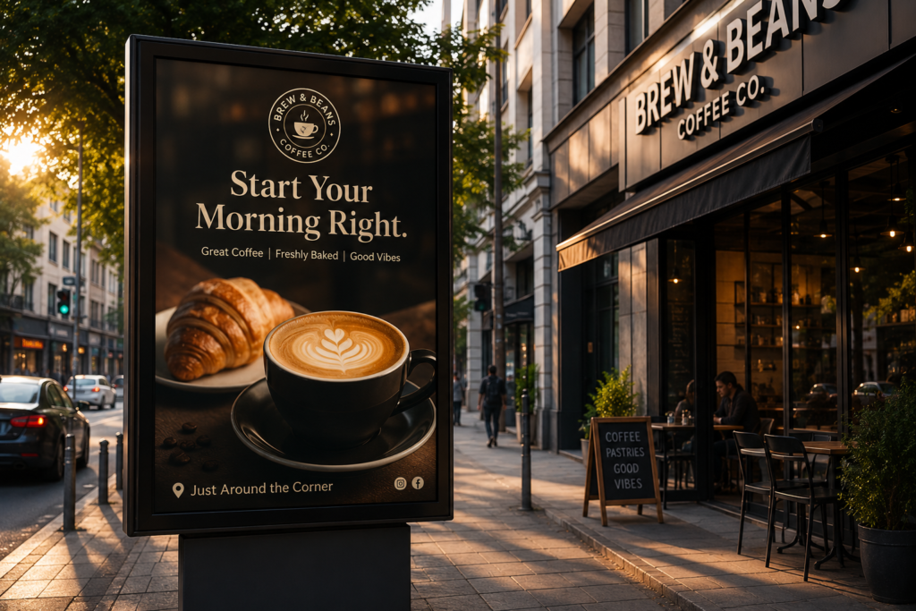 Modern café billboard showcasing Outdoor Advertising Psychology with premium coffee visuals, warm colors, and the message "Start Your Morning Right."