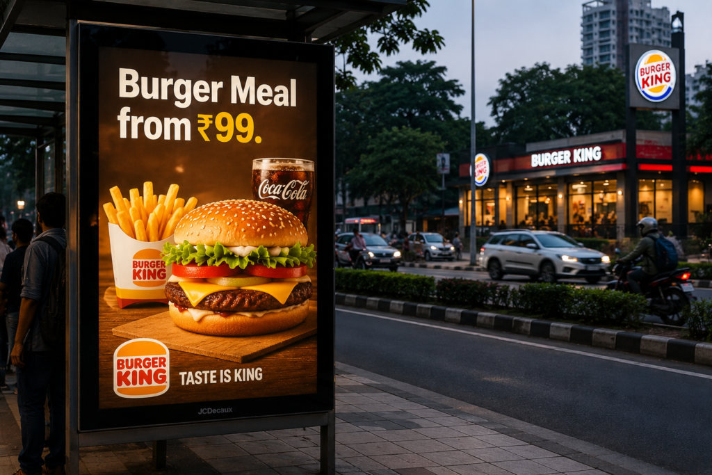 Fast-food billboard demonstrating Outdoor Advertising Psychology with a Burger Meal from ₹99 offer, bold visuals, and value-focused messaging.