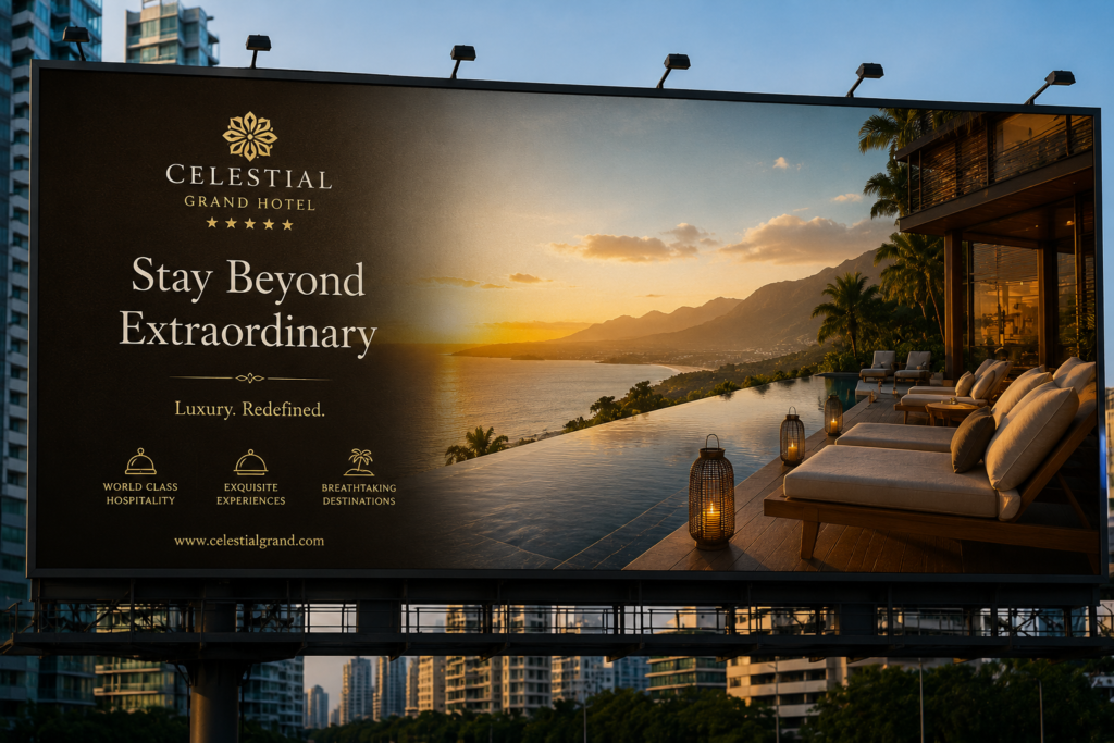 Luxury hotel billboard demonstrating Outdoor Advertising Psychology with elegant destination photography, minimalist design, and premium branding.
