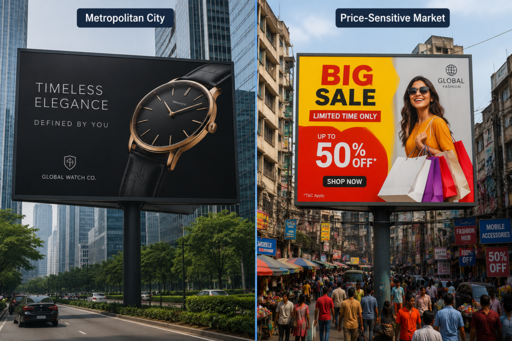 Comparison of international brand billboards showing Outdoor Advertising Psychology with minimalist advertising in metropolitan cities and discount-focused advertising in price-sensitive markets.
