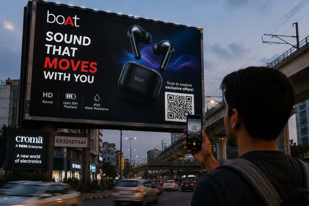 Customer scanning a QR code on a digital billboard demonstrating Outdoor Advertising Psychology to visit a website, download an app, claim offers, and view product details.