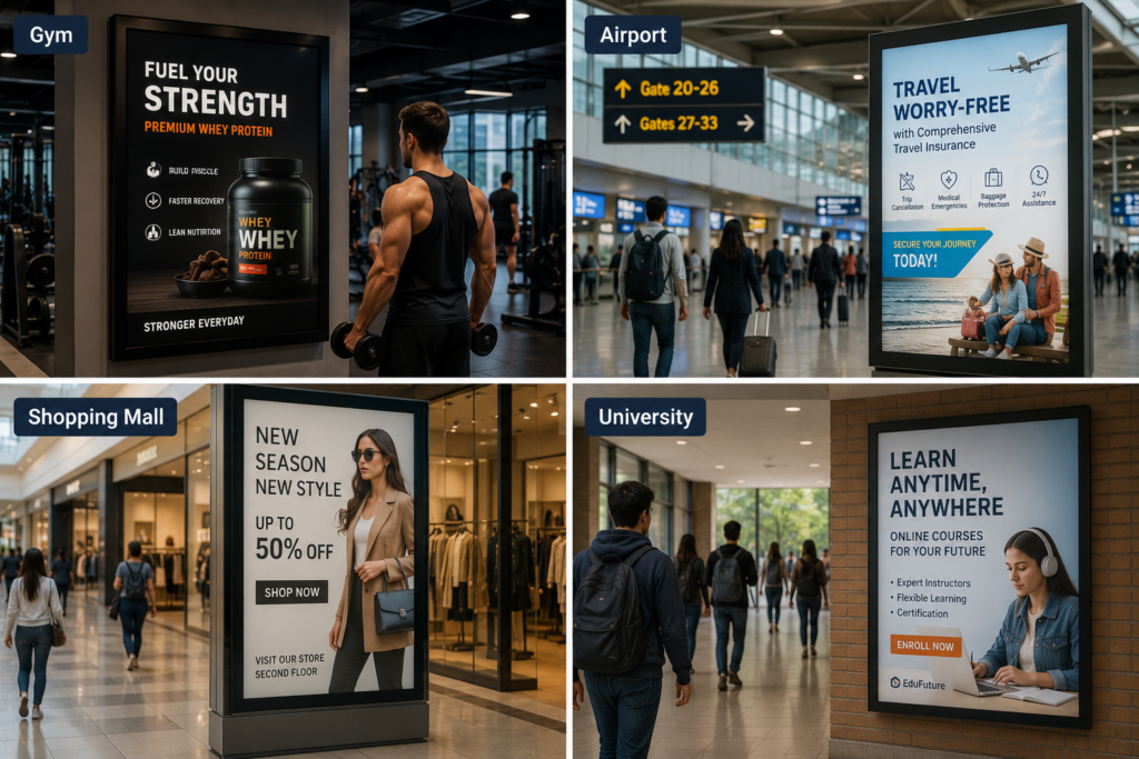 Location-Based Advertising examples showing Outdoor Advertising Psychology with targeted ads in gyms, airports, shopping malls, and universities based on customer location and intent.