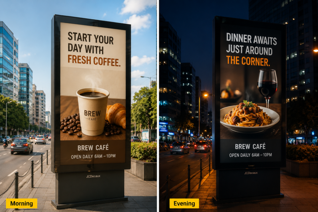 Digital billboard demonstrating Outdoor Advertising Psychology by displaying a coffee advertisement in the morning and a dinner promotion in the evening based on customer behavior.