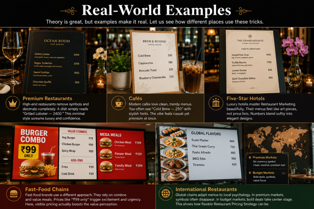 Infographic showing real-world examples of restaurant menu psychology in premium restaurants, cafés, five-star hotels, fast-food chains, and international restaurants, highlighting different menu pricing strategies and customer buying behavior.