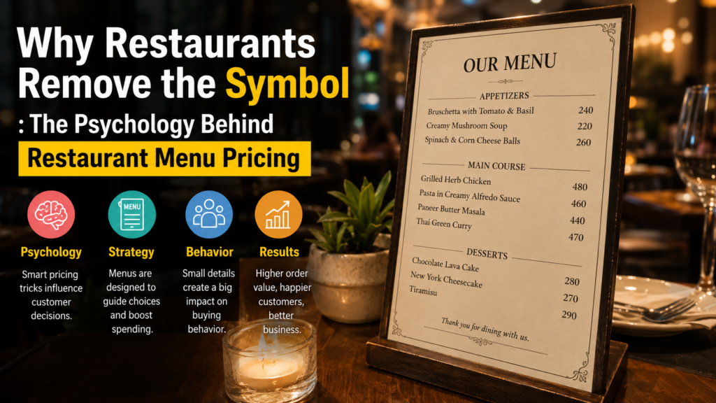 Restaurant menu without the ₹ symbol demonstrating Restaurant Menu Psychology, pricing strategy, and consumer behavior in a premium dining experience.