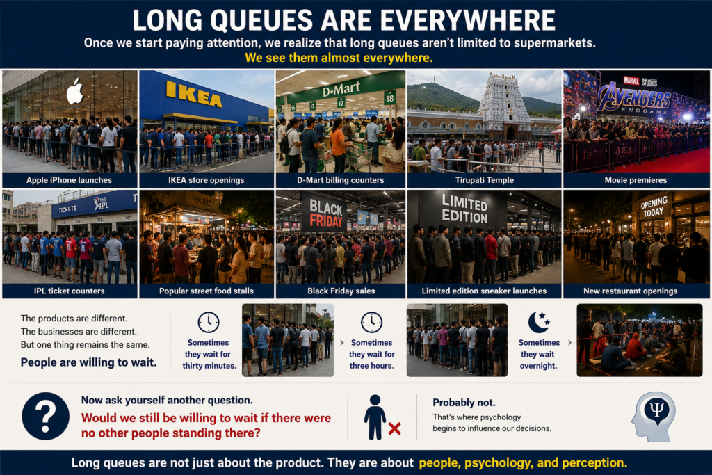 People standing in long queues at Apple iPhone launches, IKEA store openings, D-Mart billing counters, Tirupati Temple, movie premieres, IPL ticket counters, street food stalls, Black Friday sales, sneaker launches, and new restaurant openings, demonstrating marketing psychology and consumer behaviour.