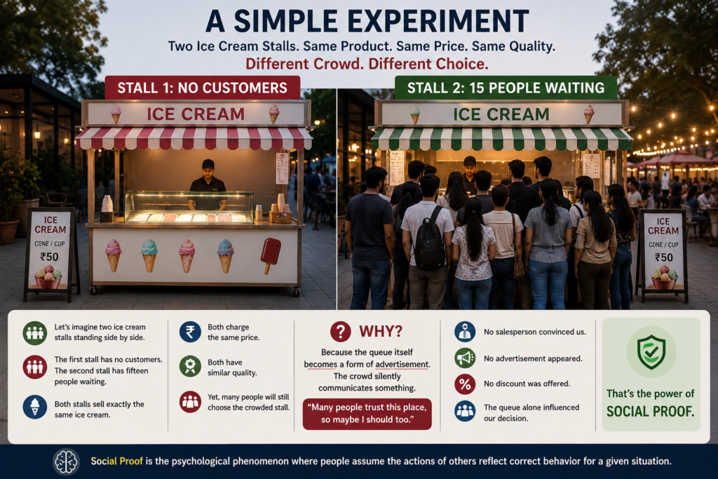 Two identical ice cream stalls placed side by side, one with no customers and the other with a long queue, demonstrating how Social Proof influences consumer behaviour and purchasing decisions.