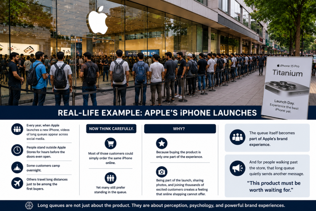 Long queue of customers waiting outside an Apple Store on iPhone launch day, demonstrating marketing psychology concepts such as Social Proof, brand loyalty, and consumer behaviour.