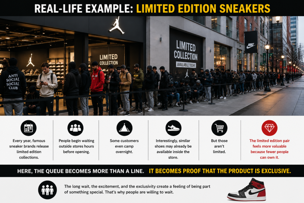 Customers waiting in a long queue outside a sneaker store for a limited edition shoe release, demonstrating the Scarcity Principle, exclusivity, and consumer behaviour in marketing psychology.
