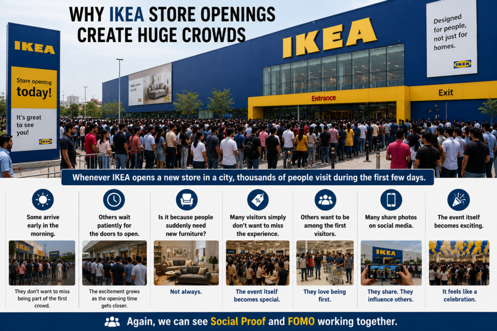 Thousands of customers waiting outside an IKEA store during its grand opening, demonstrating Social Proof, Fear of Missing Out (FOMO), consumer behaviour, and marketing psychology.