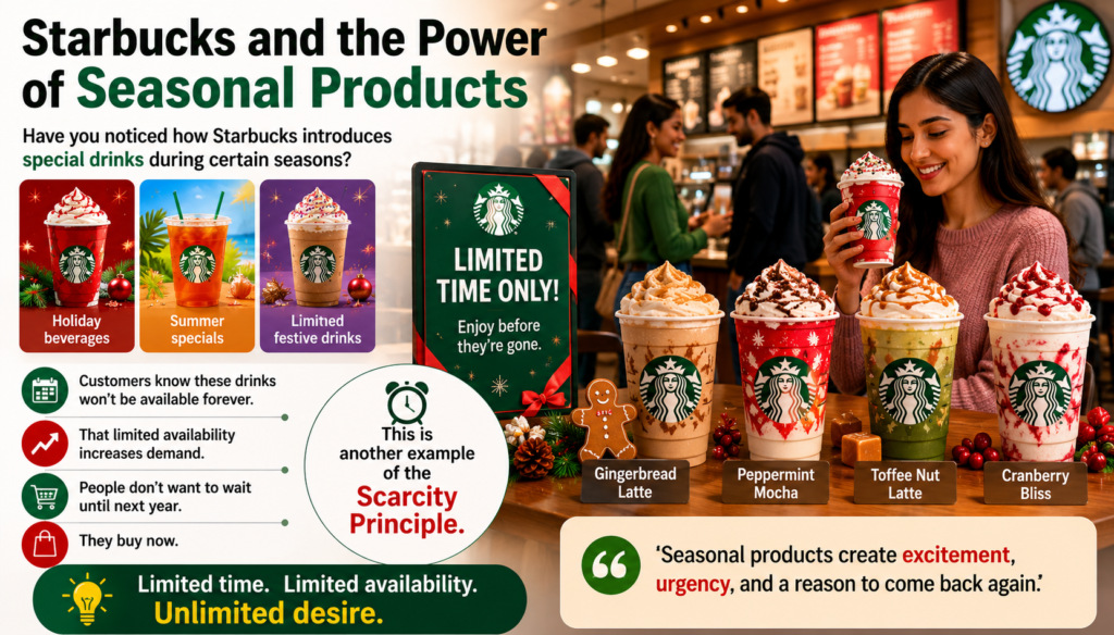 Starbucks seasonal drinks displayed inside a coffee shop, highlighting limited-time holiday beverages, summer specials, and festive drinks that demonstrate the Scarcity Principle and marketing psychology.
