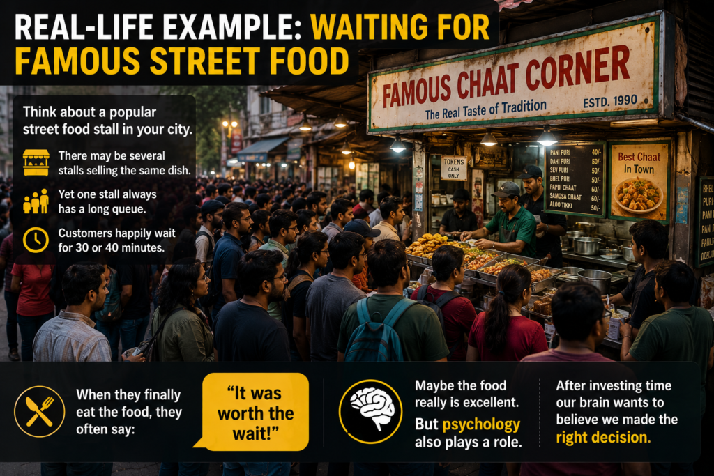 Customers standing in a long queue at a famous street food stall, illustrating how waiting increases perceived value through the marketing psychology concept of Effort Justification.