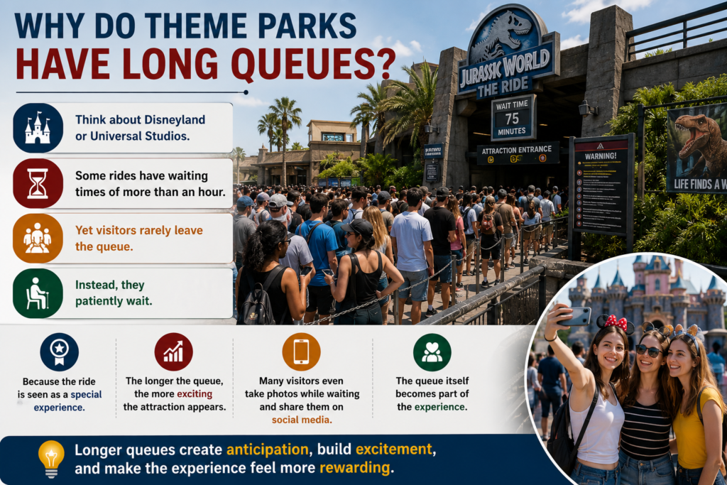 Visitors waiting in a long queue for a popular theme park ride at Disneyland or Universal Studios, illustrating how anticipation, social proof, and effort justification influence customer experience and perceived value.