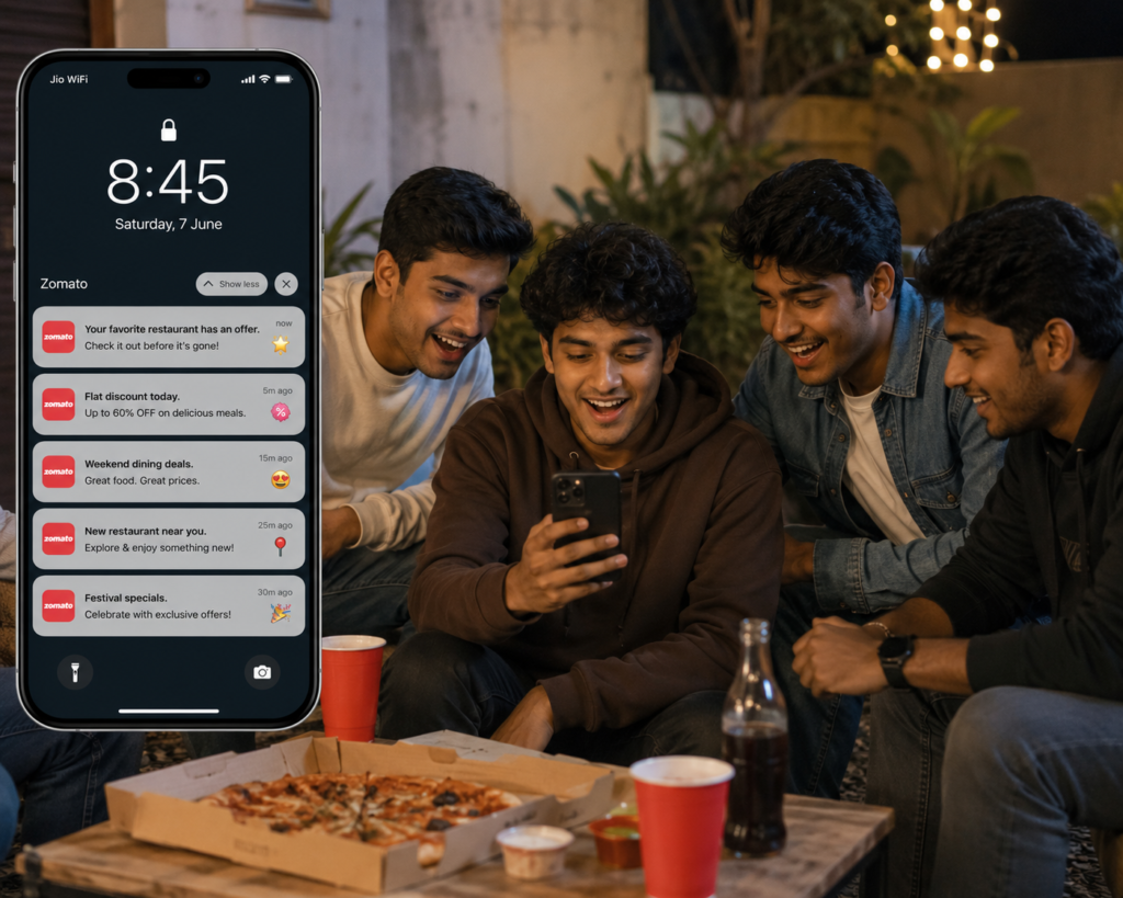 A smartphone displaying Zomato food delivery app notifications with limited-time offers, discounts, and restaurant promotions that encourage immediate food ordering.