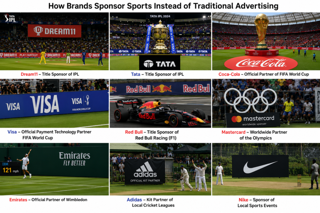 Why brands sponsor sports instead of relying only on traditional advertising. The image features major brands including Dream11, Tata, Coca-Cola, Visa, Mastercard, Red Bull, Emirates, Adidas, and Nike sponsoring global sporting events such as the IPL, FIFA World Cup, Formula 1, the Olympics, Wimbledon, and local cricket leagues to build brand awareness and emotional connections with millions of fans.