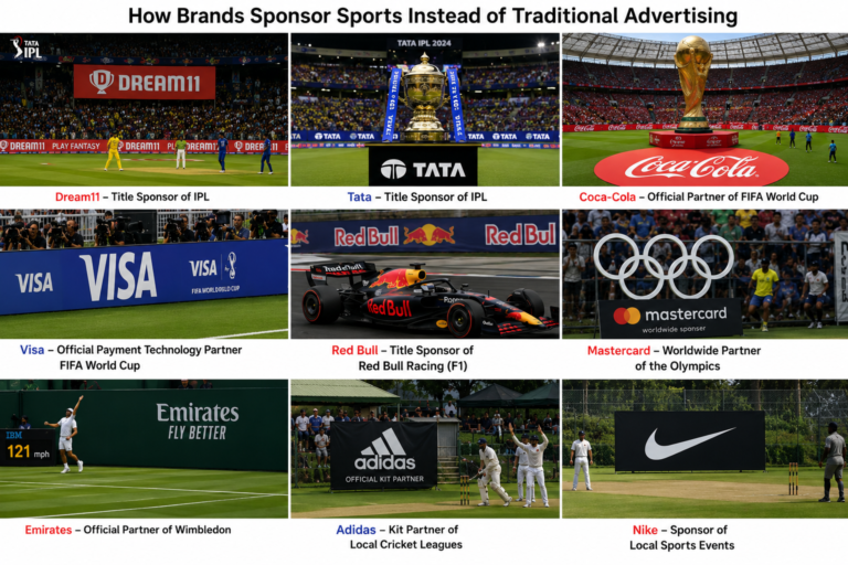 Why brands sponsor sports instead of relying only on traditional advertising. The image features major brands including Dream11, Tata, Coca-Cola, Visa, Mastercard, Red Bull, Emirates, Adidas, and Nike sponsoring global sporting events such as the IPL, FIFA World Cup, Formula 1, the Olympics, Wimbledon, and local cricket leagues to build brand awareness and emotional connections with millions of fans.
