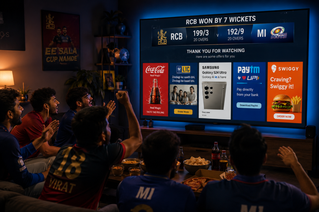 As the innings break begins, the television displays five advertisements from a soft drink brand, an insurance company, a smartphone brand, a banking app, and a food delivery platform, demonstrating how brands use commercial breaks during live sports to capture audience attention.