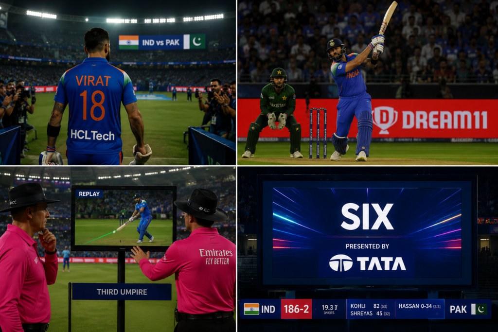 The image shows Virat Kohli entering the field wearing a sponsored jersey, hitting a six with Dream11 branding on the boundary boards, the umpire referring the shot to the third umpire for review, and the replay screen displaying "Six Presented by Tata," demonstrating how brands become part of the live sports viewing experience instead of relying only on traditional advertisements.