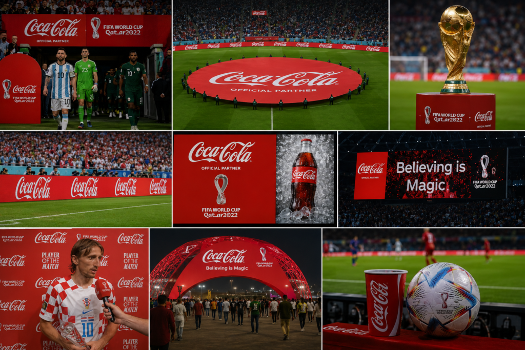 Coca-Cola's sponsorship throughout the FIFA World Cup. The image features Coca-Cola branding on stadium perimeter boards, center-circle displays, player entrances, trophy presentations, fan zones, interview backdrops, digital stadium screens, and promotional booths, demonstrating how repeated brand exposure during a global sporting event strengthens brand recall and consumer recognition.