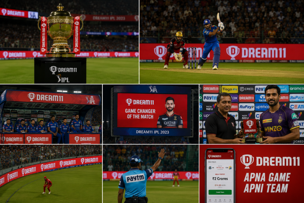 Dream11's sponsorship throughout the IPL tournament. The image showcases Dream11 branding on stadium boundary boards, the IPL trophy, player dugouts, giant stadium screens, post-match presentations, mobile app promotions, and in-match graphics, demonstrating how repeated sponsorship exposure helps build strong brand recall among millions of cricket fans.