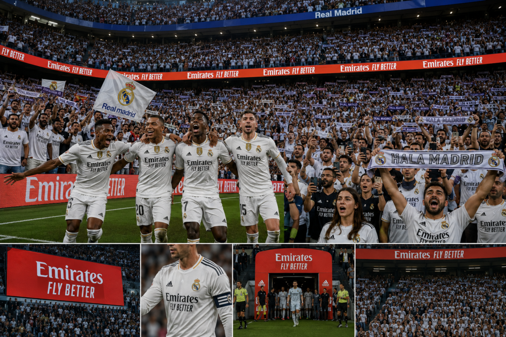 football stadium where millions of fans cheer as football players wearing jerseys with the Emirates logo compete on the field. The image showcases Emirates branding on player kits, stadium advertising boards, entrance tunnels, giant digital screens, and throughout the match, illustrating how repeated sports sponsorship builds global brand recognition and recall.