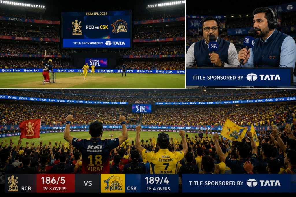 Where commentators announce "Title Sponsored by Tata" during the live broadcast. The image features a packed cricket stadium, enthusiastic fans, Tata branding on the scoreboard and boundary boards, and a commentary panel, illustrating how title sponsorship reaches millions of viewers throughout the tournament.