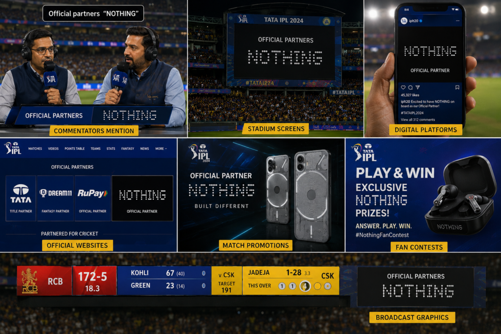 Nothing brand and a cricket tournament. The image showcases commentators announcing the official partner, Nothing branding on broadcast graphics, giant stadium screens, digital platforms, the official tournament website, match promotions, and fan contests, demonstrating how official partners gain repeated visibility across every stage of the live sports experience.