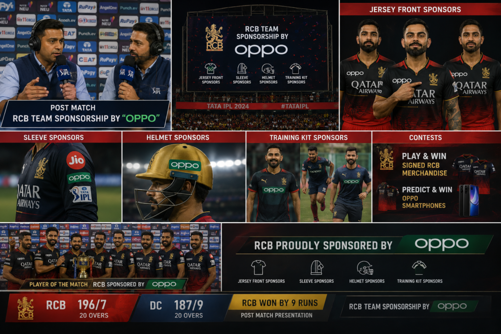 Team sponsorship by OPPO(for an instance) during a post-match presentation. The image showcases commentators announcing the sponsorship, OPPO branding on the front of player jerseys, sleeve sponsors, helmet sponsors, training kits, stadium displays, post-match graphics, and promotional contests, demonstrating how team sponsorship keeps a brand visible throughout the cricket season.