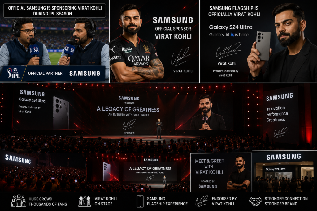 The image features Virat Kohli on a grand stage in a dark auditorium with dramatic red lighting, unveiling a Samsung Galaxy flagship smartphone before a massive live audience. Samsung branding appears across giant LED screens, event backdrops, product displays, and promotional visuals, illustrating how athlete sponsorship strengthens brand visibility and consumer trust.