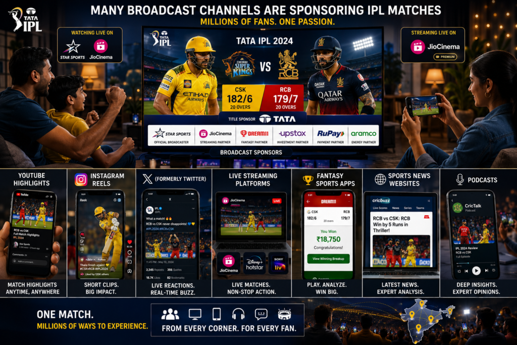 Broadcast sponsorship reaches millions of fans across multiple digital platforms. The image shows cricket fans watching live matches and consuming IPL content through YouTube Highlights, Instagram Reels, X (formerly Twitter), live streaming platforms, fantasy sports apps, sports news websites, and podcasts, demonstrating how brands maximize visibility beyond television broadcasts.