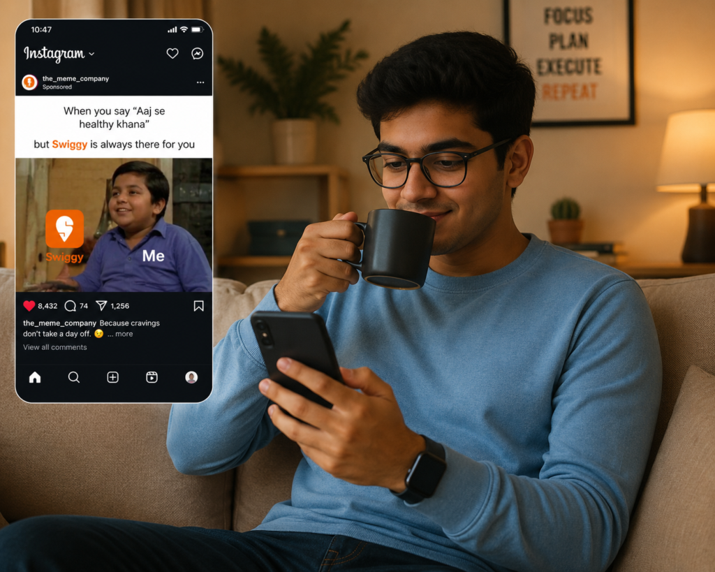 While viewing a brand-sponsored meme on Instagram in a cozy