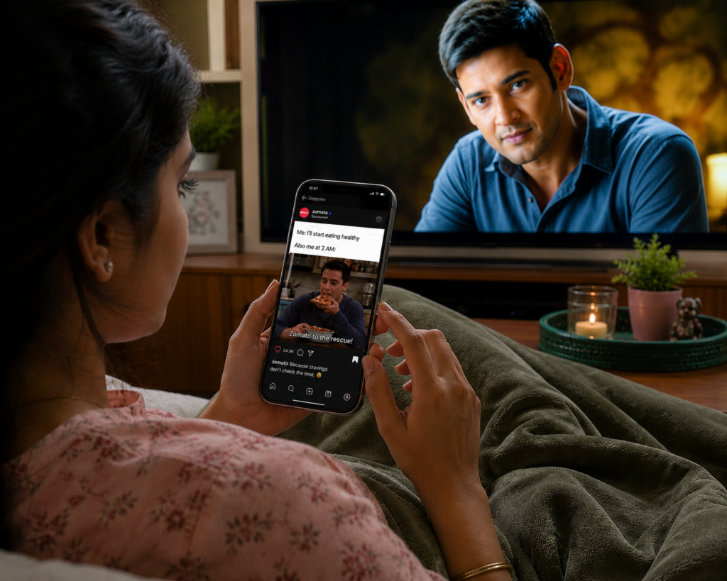 While browsing a sponsored Zomato meme on social media, illustrating how Meme Marketing naturally reaches audiences during entertainment.