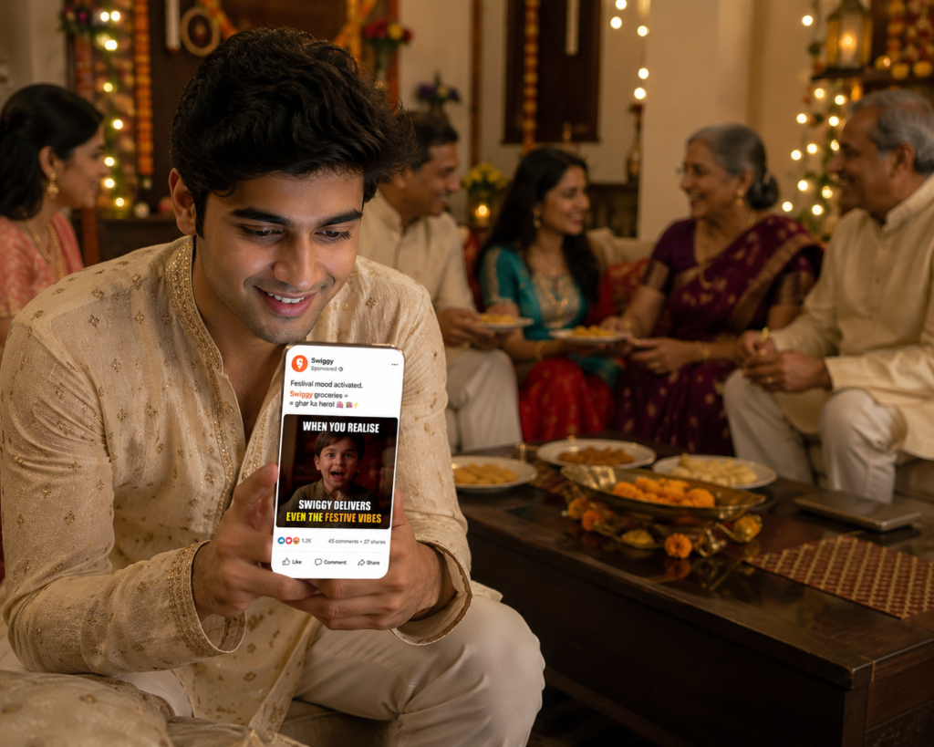Swiggy sponsored festival meme on social media during a family celebration, showcasing Meme Marketing in a festive setting.