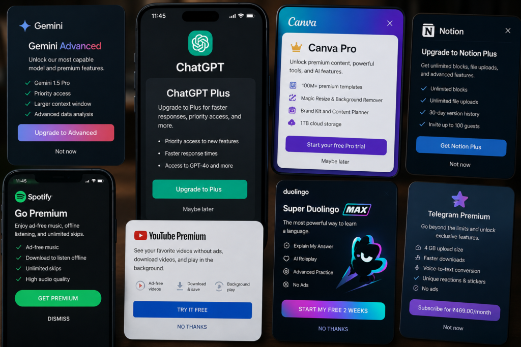 Collection of popular AI chatbots and digital apps displaying upgrade prompts for Pro, Plus, Premium, and Max plans, illustrating how premium app versions encourage users to subscribe for additional features.