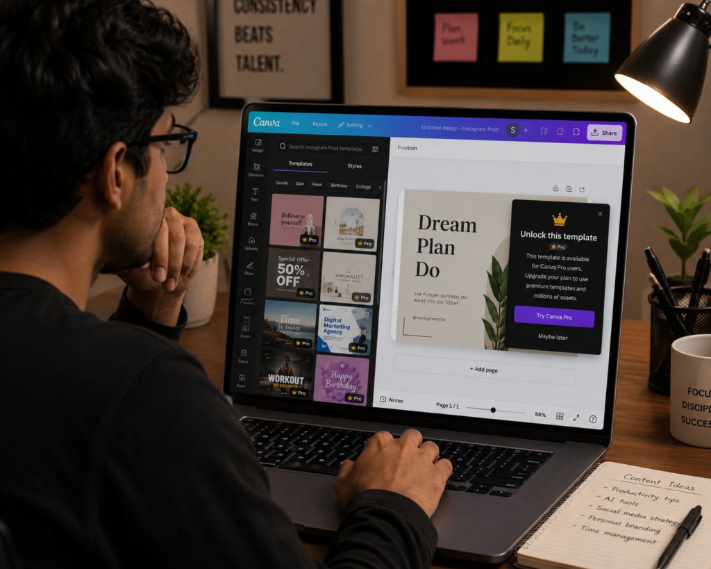 Creating a design in Canva and encountering locked Pro templates, prompting an upgrade to Canva Pro for access to premium design resources and advanced features.