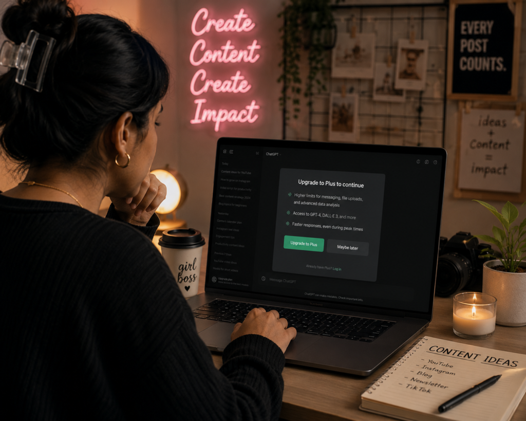 ChatGPT in a cozy workspace when a popup appears prompting her to upgrade to ChatGPT Plus for continued research and advanced AI features.