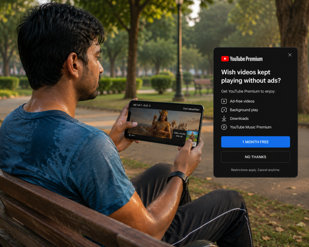 YouTube, interrupted by ads and a YouTube Premium upgrade popup offering ad-free viewing and background playback.
