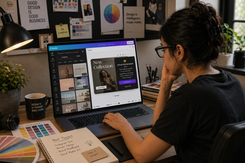 Canva inside a creative design studio, unable to access locked Pro templates and prompted to upgrade to Canva Pro for premium design assets.